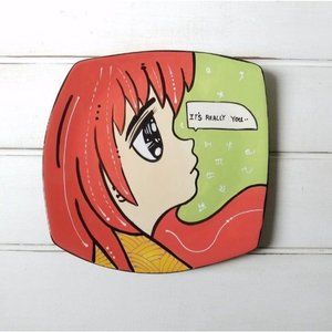 ANIMANIA Anime Pop Art Ceramic Plate, Japanese Manga Art, RED "It's Really You"